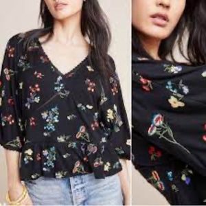 Anthropologie Black Parvati Floral Embroidered Top